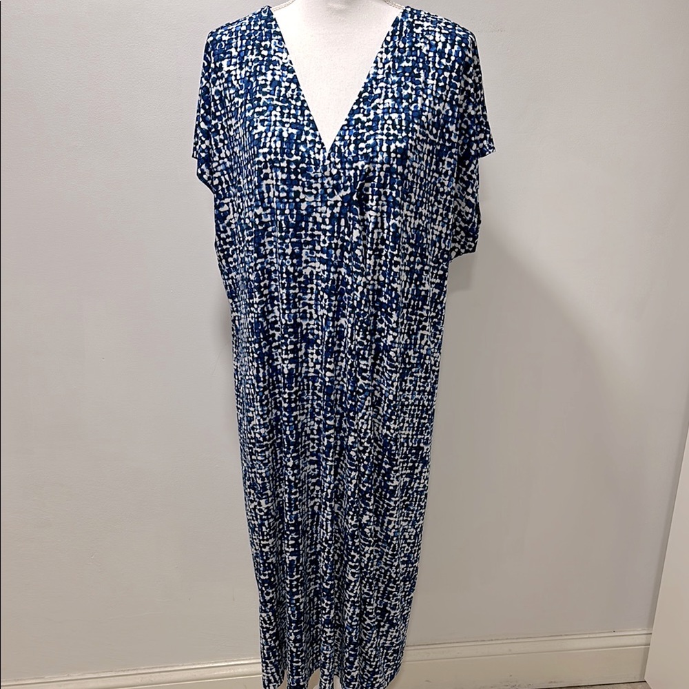 Lane Bryant‎ Size 18/20 Blue Colorful Spotted MIDI Dress Stretchy Casual Spring